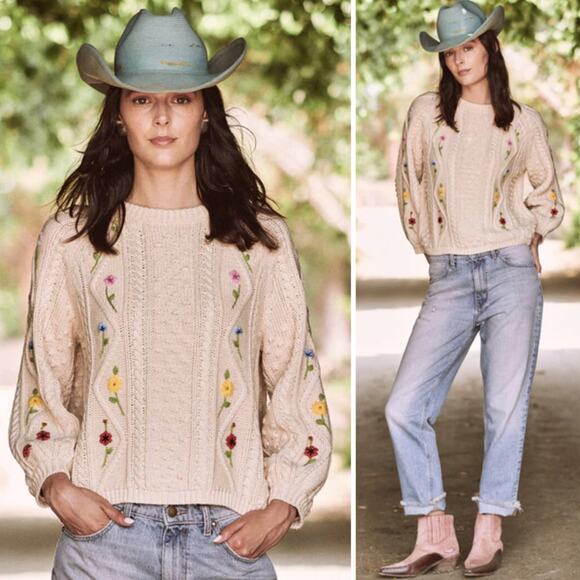 The Great. Sweater Floral Embroidered Cable Knit Pullover Sweater Cream Size 1/S - Picture 1 of 9
